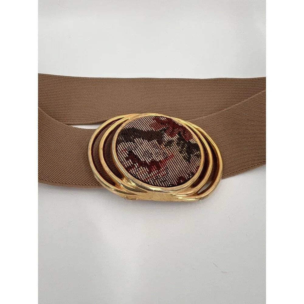Gorgeous Vintage 80's Nan Lewis Tapestry Buckle Stretch Brown Belt 2.5"x3.5" EUC